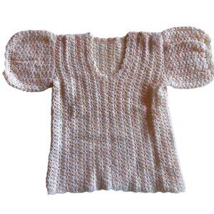 Vtg Hand Crocheted Top Women’s Puff Sleeves white Yellow Peach Glitter Yarn